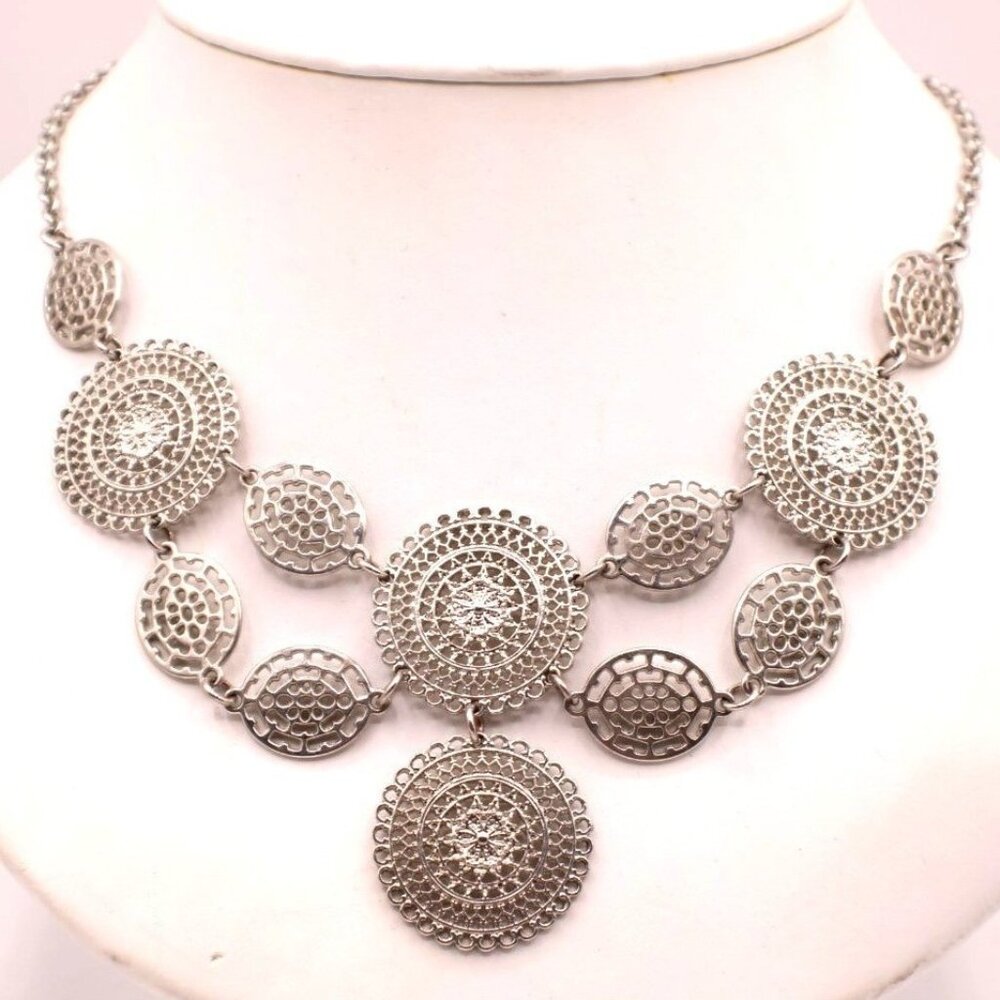 Filigree Apron Bib Necklace Adjustable Chain Charming Charlies Silver Tone Vtg